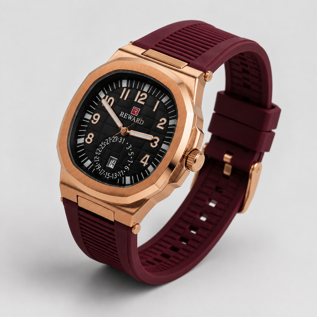 Reward Sport-Luxe Cushion-Case Men’s Quartz Watch (Maroon Strap & Black Dial)