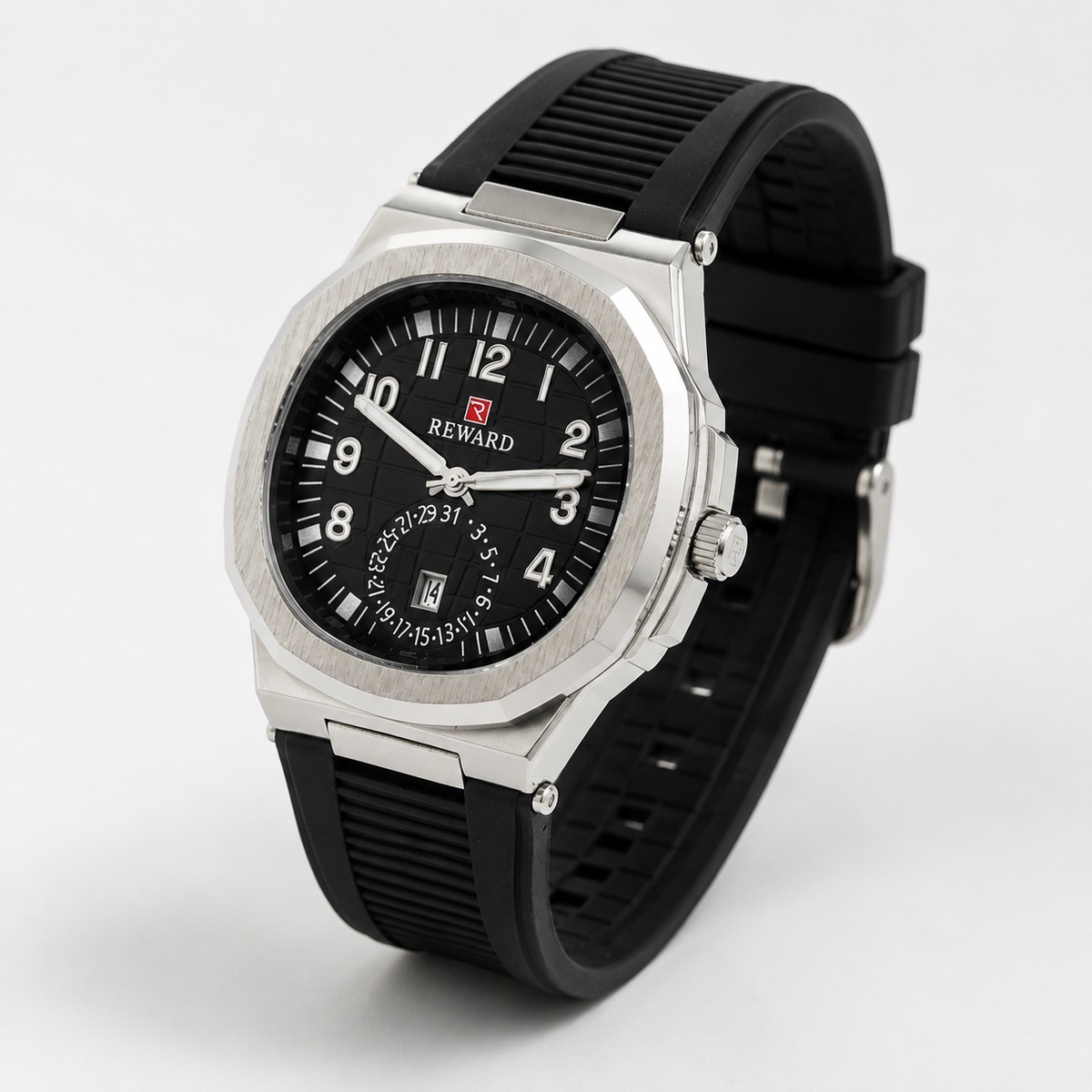 Reward Sport-Luxe Cushion-Case Men’s Quartz Watch (Silver Bezel & Black Dial)
