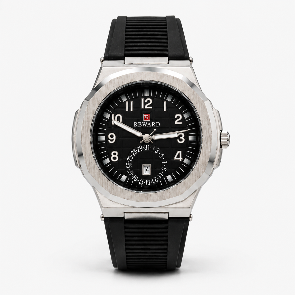 Reward Sport-Luxe Cushion-Case Men’s Quartz Watch (Silver Bezel & Black Dial)