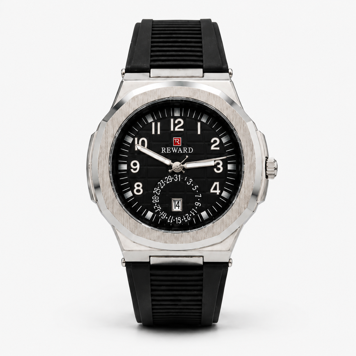 Reward Sport-Luxe Cushion-Case Men’s Quartz Watch (Silver Bezel & Black Dial)