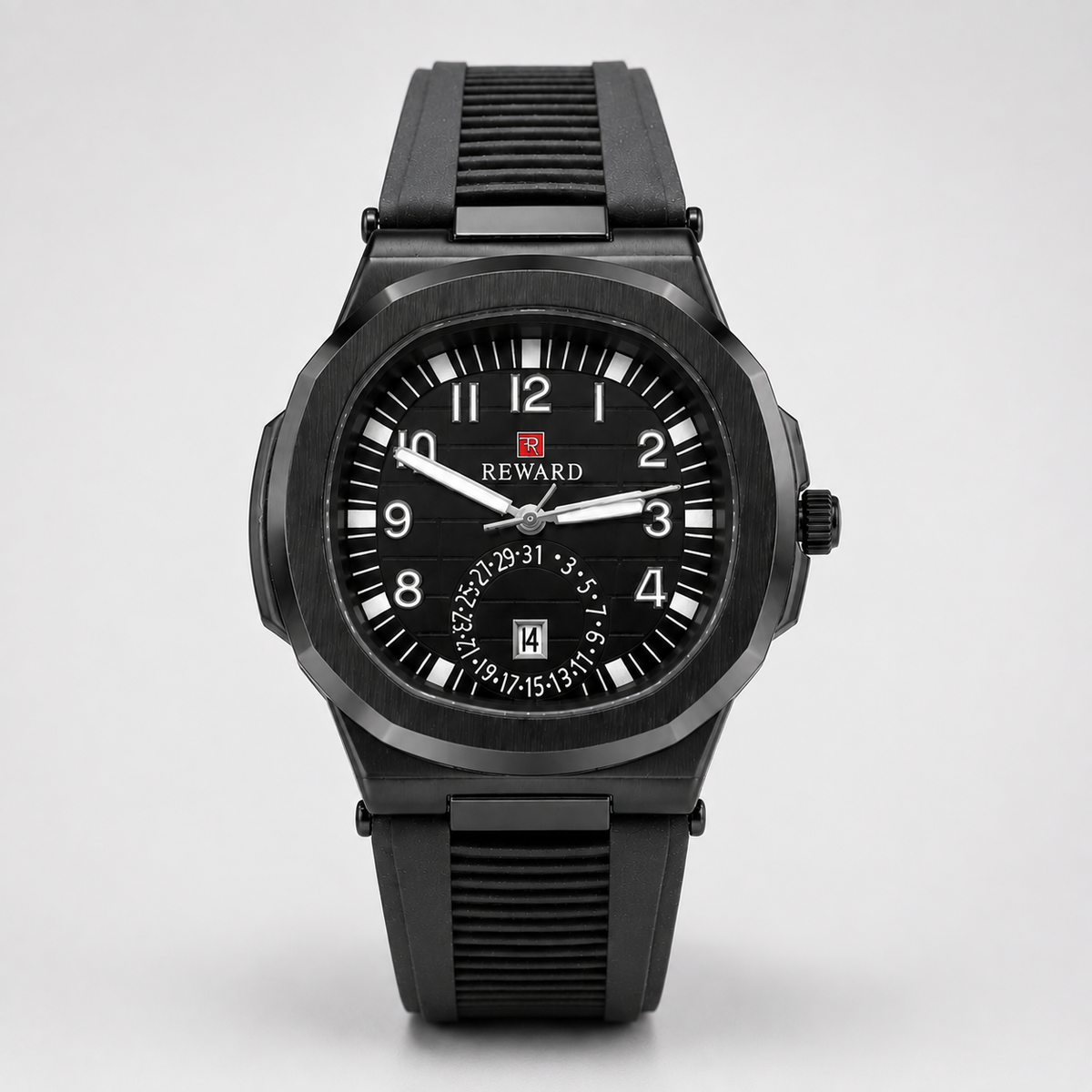 Reward Sport-Luxe Cushion-Case Men’s Quartz Watch (Black Dial)