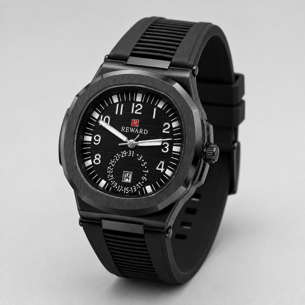Reward Sport-Luxe Cushion-Case Men’s Quartz Watch (Black Dial)