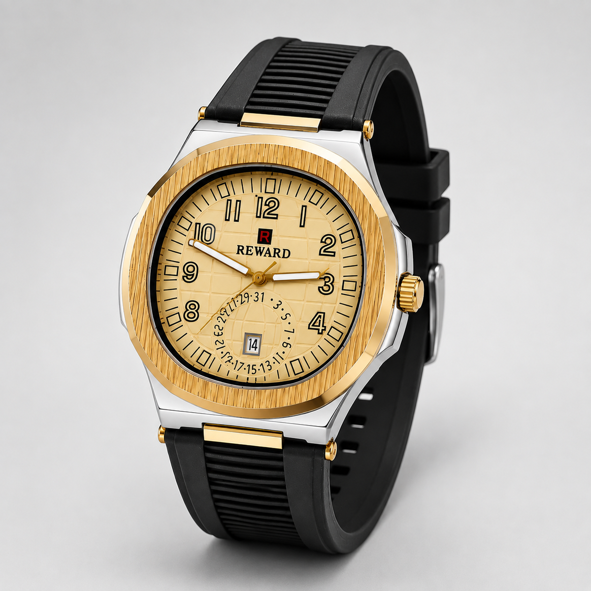 Reward Sport-Luxe Cushion-Case Men’s Quartz Watch (Champagne Gold Dial)