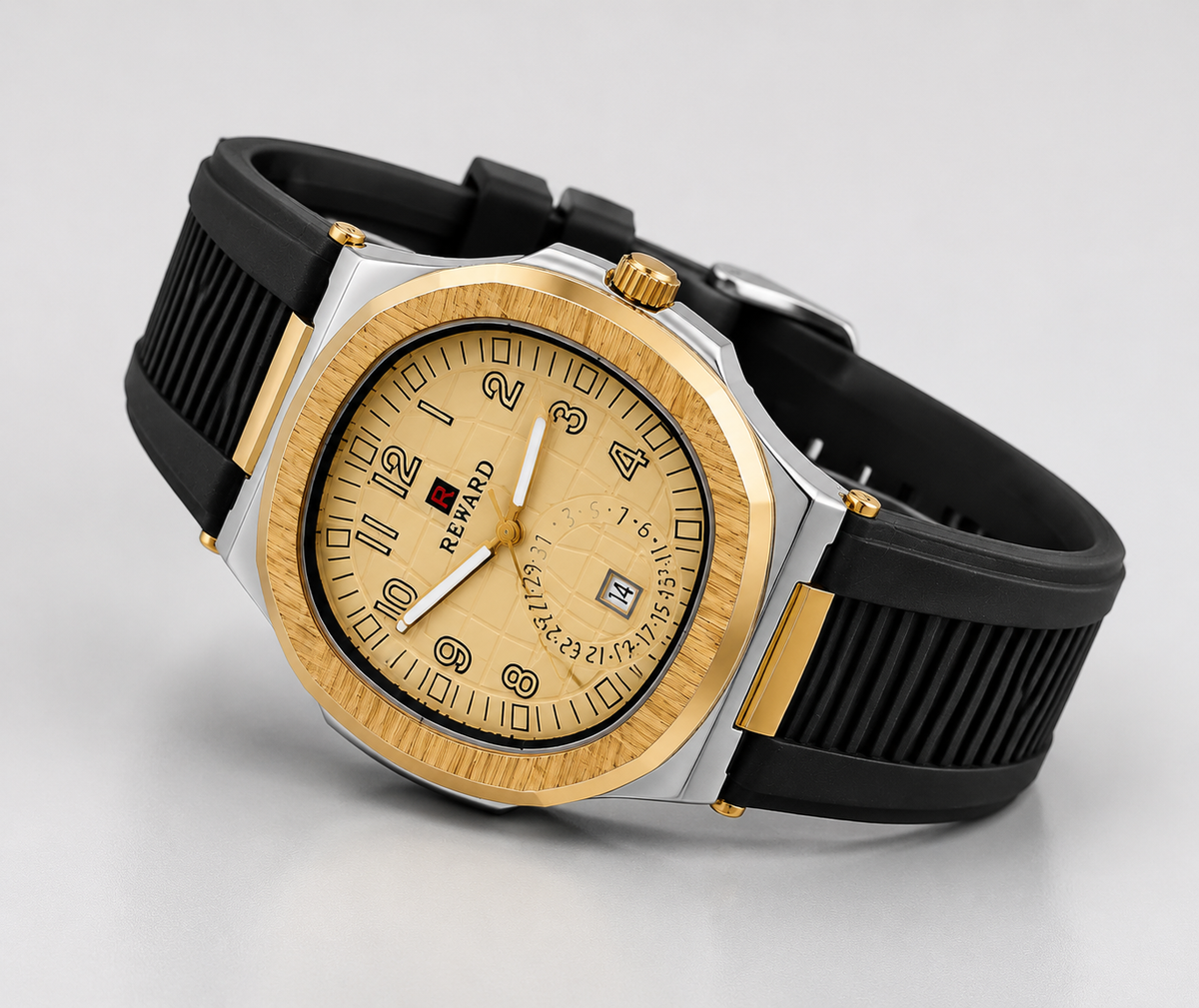 Reward Sport-Luxe Cushion-Case Men’s Quartz Watch (Champagne Gold Dial)