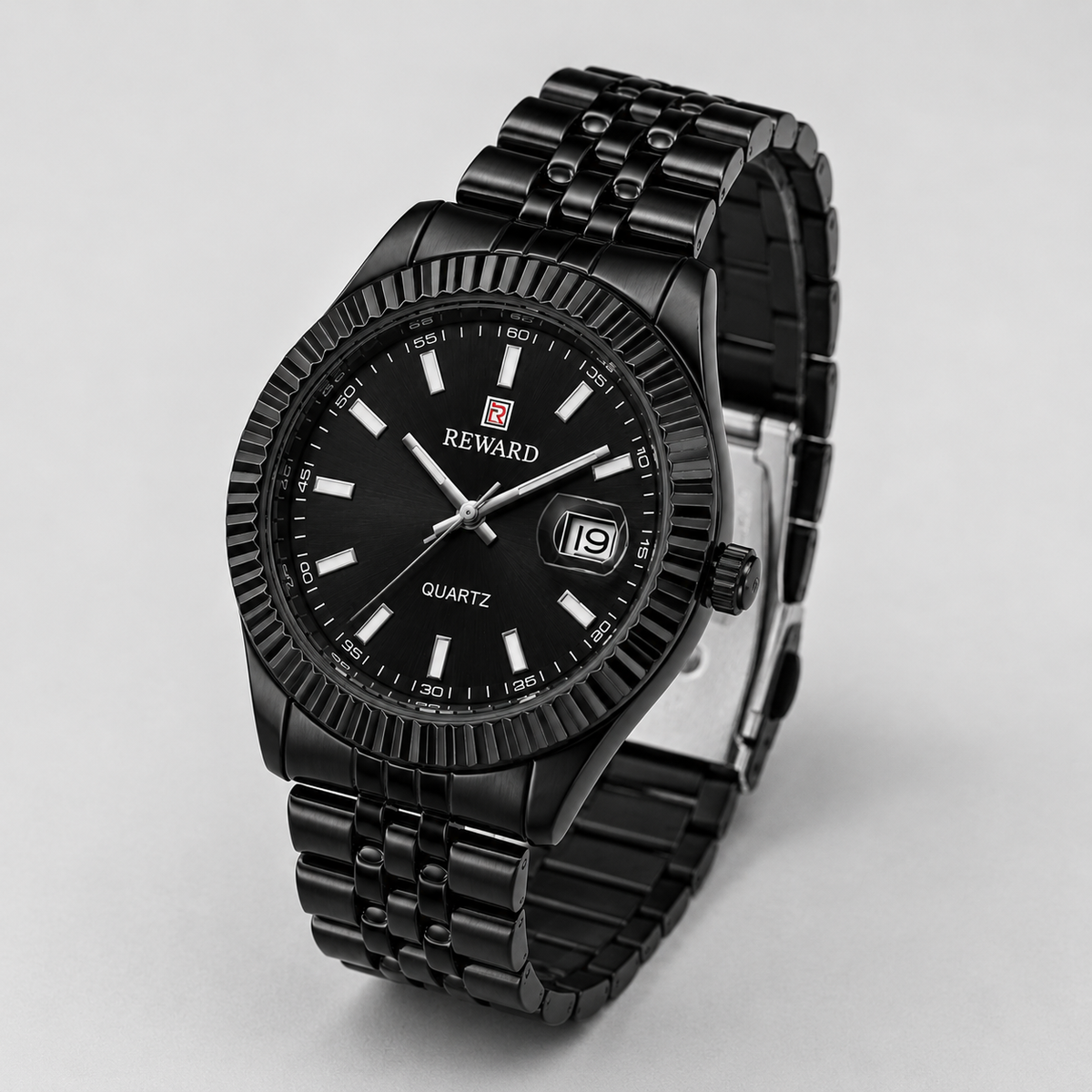 Reward Prestige All-Black Fluted Bezel Men’s Quartz Watch (Black Dial)