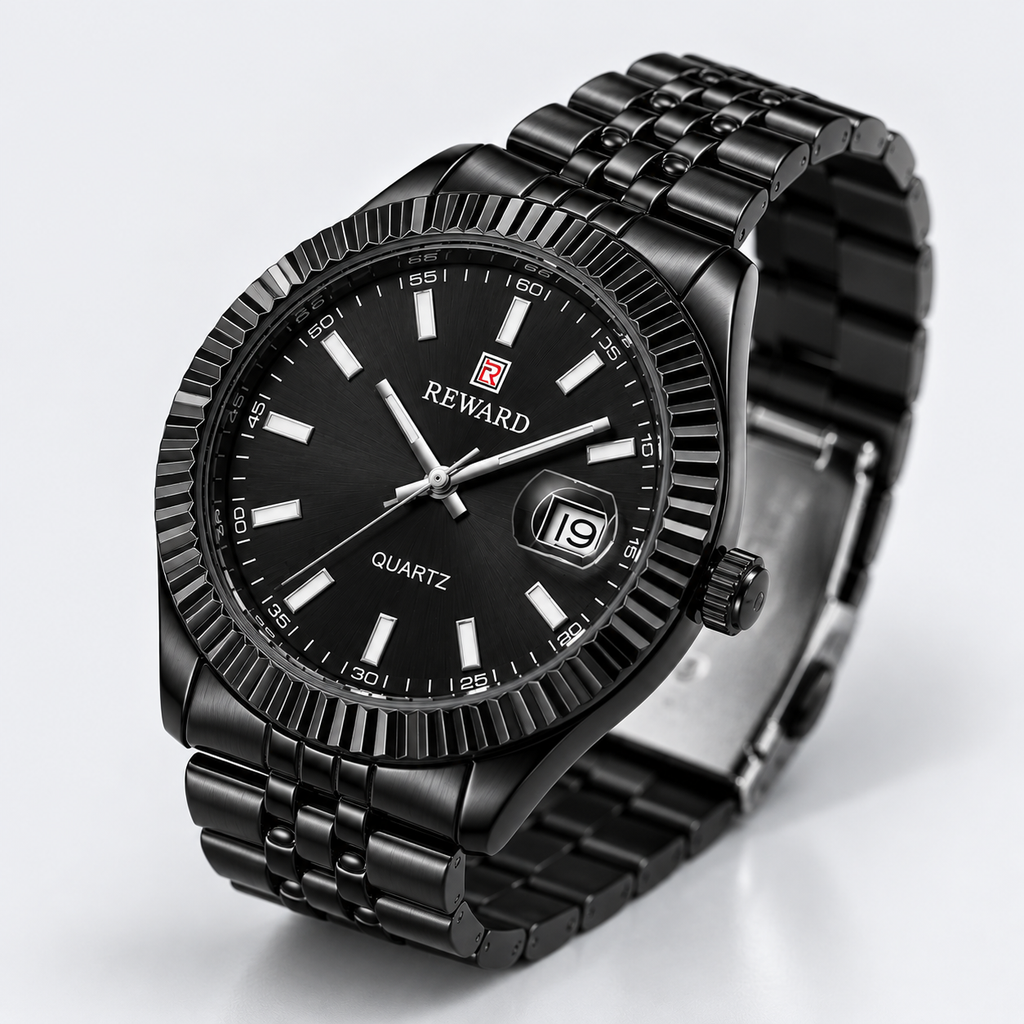 Reward Prestige All-Black Fluted Bezel Men’s Quartz Watch (Black Dial)
