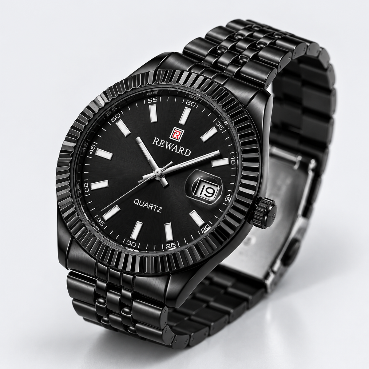 Reward Prestige All-Black Fluted Bezel Men’s Quartz Watch (Black Dial)
