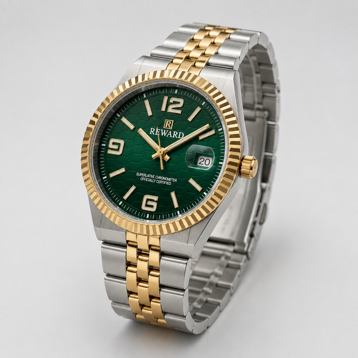 Reward Classic Two-Tone Gold and Silver Textured Dial Men’s Quartz Watch (Green Dial)