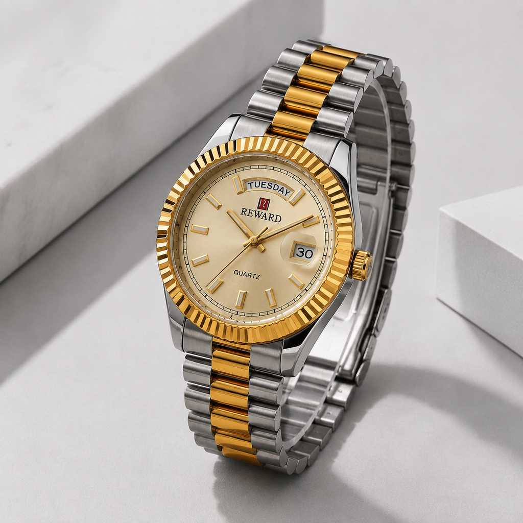 Reward Prestige Two-Tone Gold and Silver Day-Date Men’s Quartz Watch (Champagne Dial)