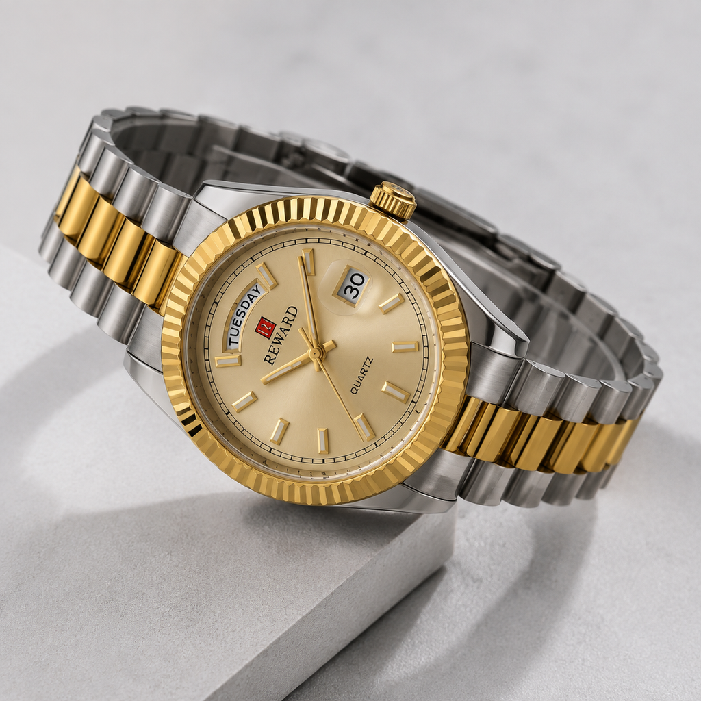Reward Prestige Two-Tone Gold and Silver Day-Date Men’s Quartz Watch (Champagne Dial)