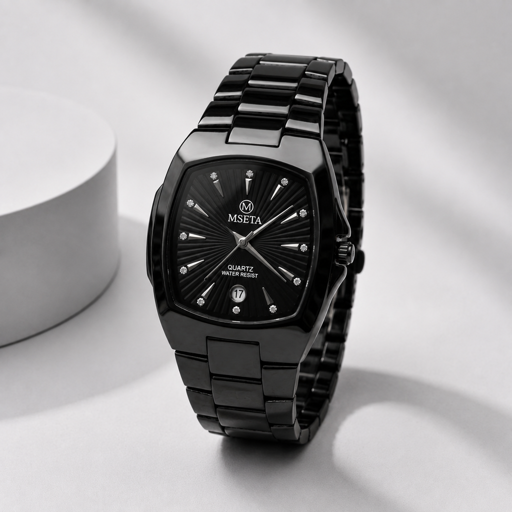 MSETA Timeless Elegance Cushion-Case Crystal Dial Men’s Quartz Watch (All-Black)