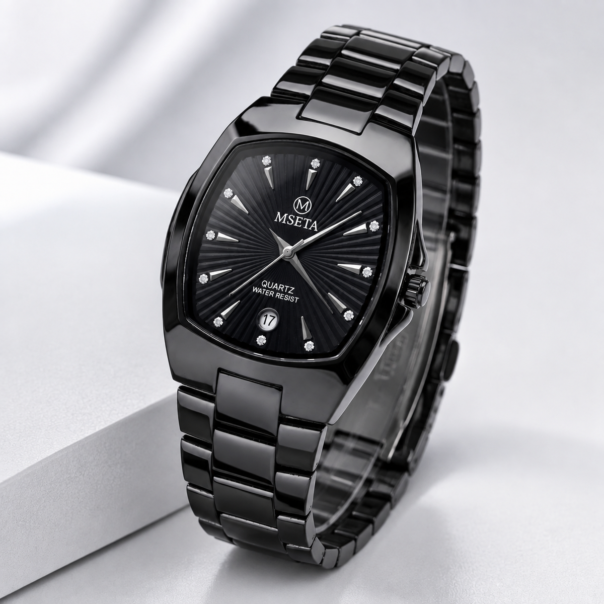 MSETA Timeless Elegance Cushion-Case Crystal Dial Men’s Quartz Watch (All-Black)