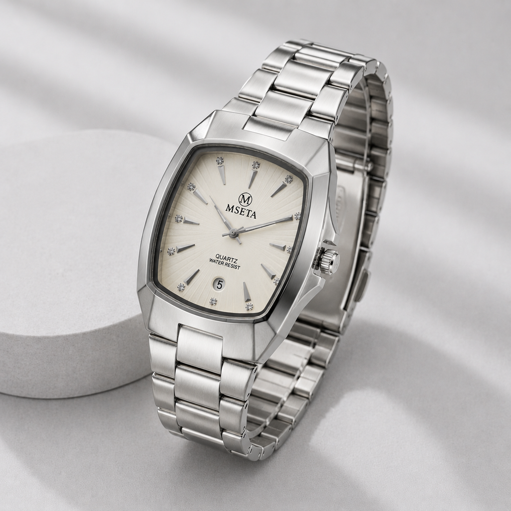 MSETA Timeless Elegance Cushion-Case Crystal Dial Men’s Quartz Watch (Champagne Dial)