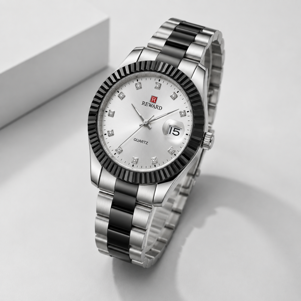 Reward Elegance Two-Tone Crystal Dial Men’s Quartz Watch (Pearl White dial).