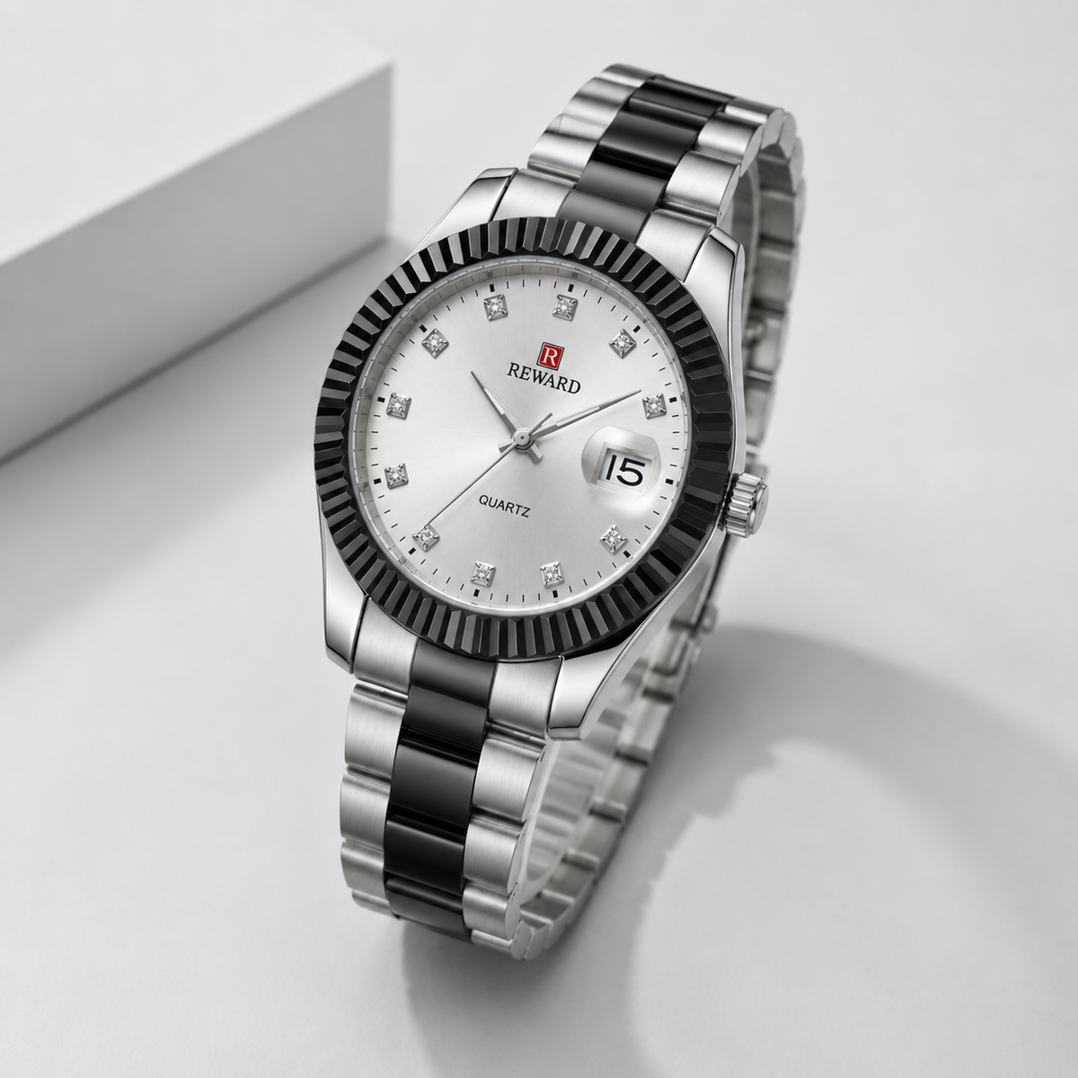 Reward Elegance Two-Tone Crystal Dial Men’s Quartz Watch (Pearl White dial).