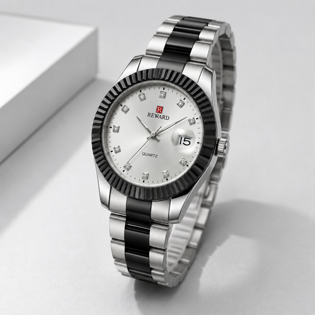 Reward Elegance Two-Tone Crystal Dial Men’s Quartz Watch (Pearl White dial).