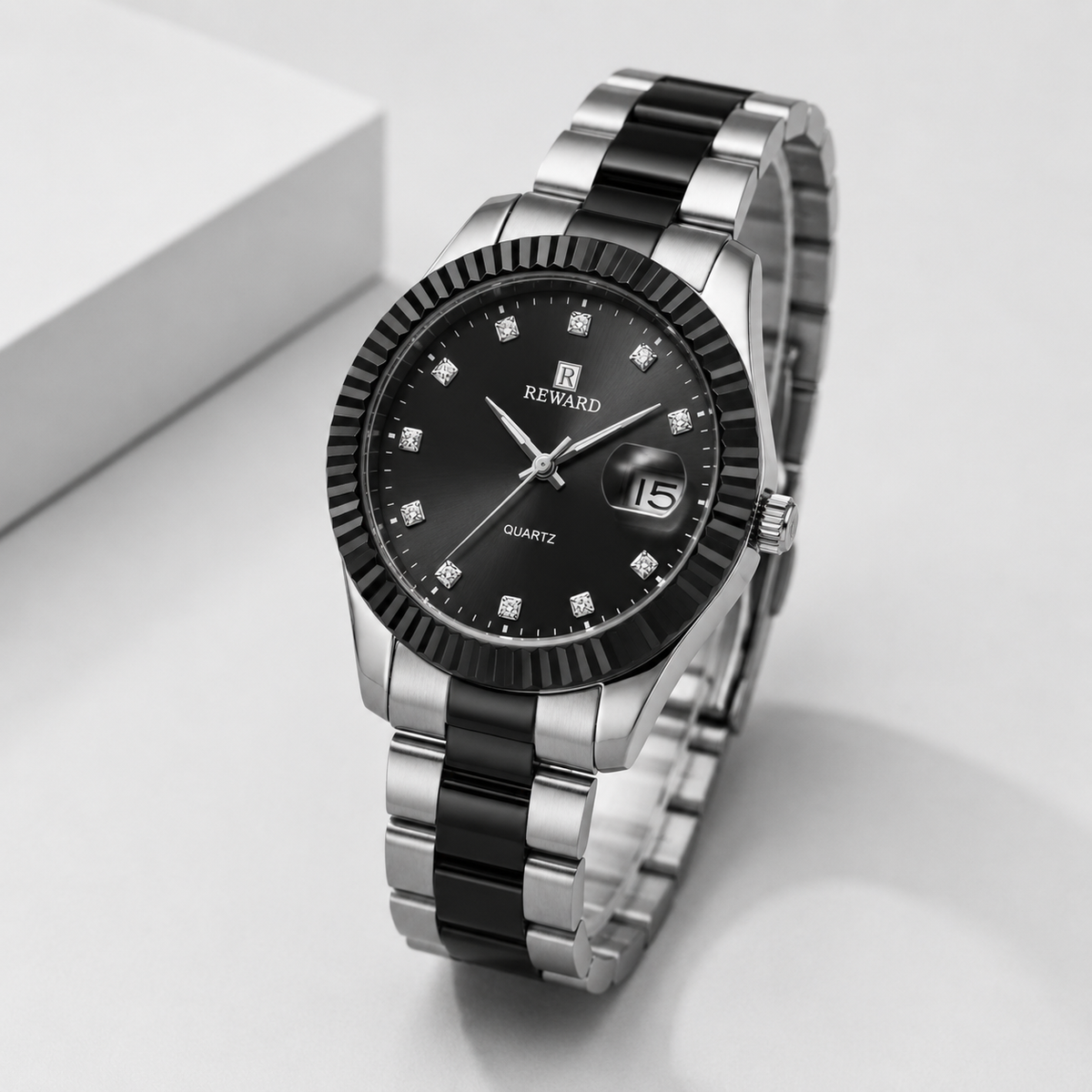 Reward Elegance Two-Tone Crystal Dial Men’s Quartz Watch (Black Dial)
