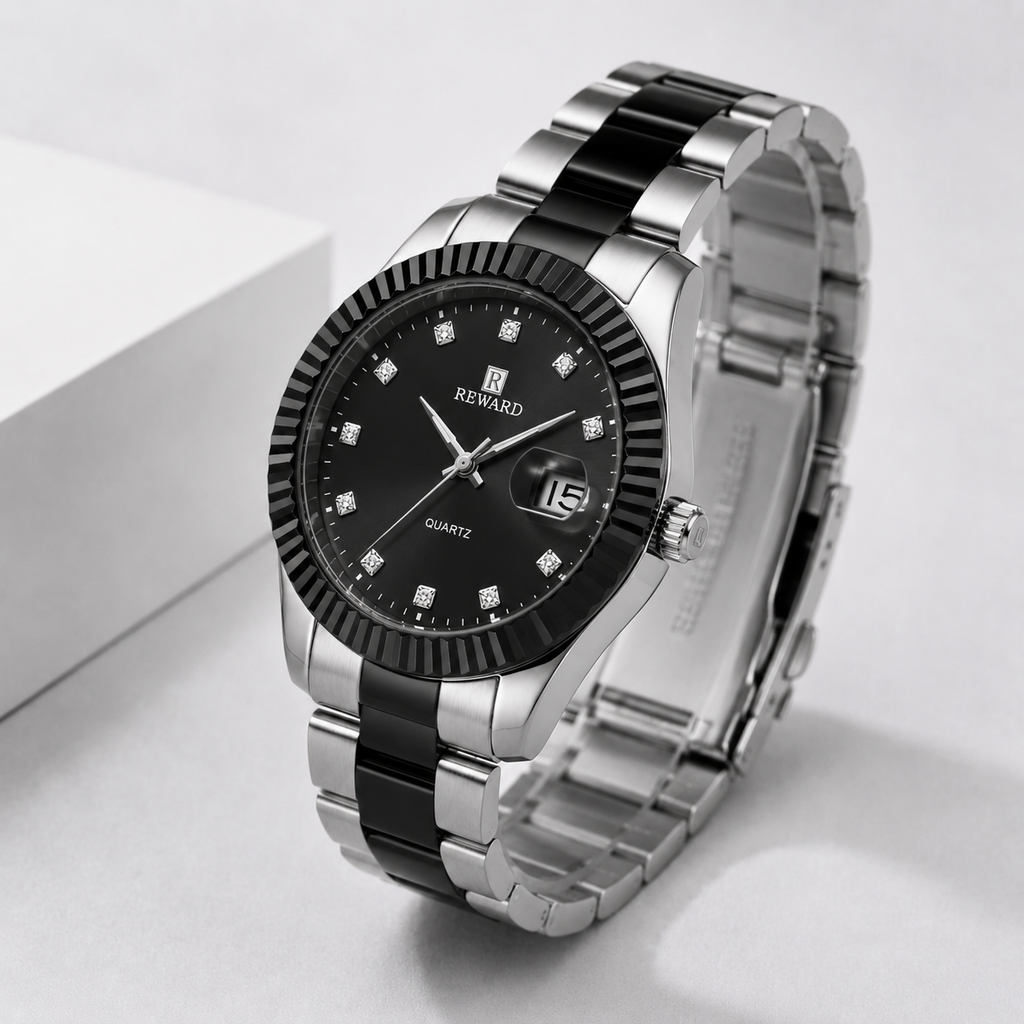 Reward Elegance Two-Tone Crystal Dial Men’s Quartz Watch (Black Dial)