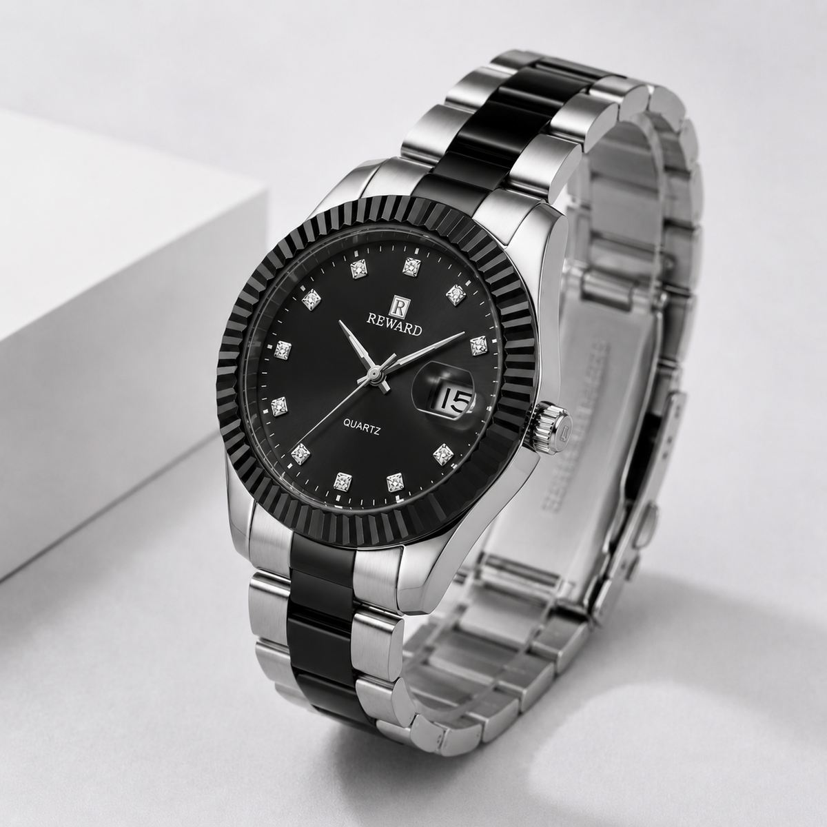 Reward Elegance Two-Tone Crystal Dial Men’s Quartz Watch (Black Dial)