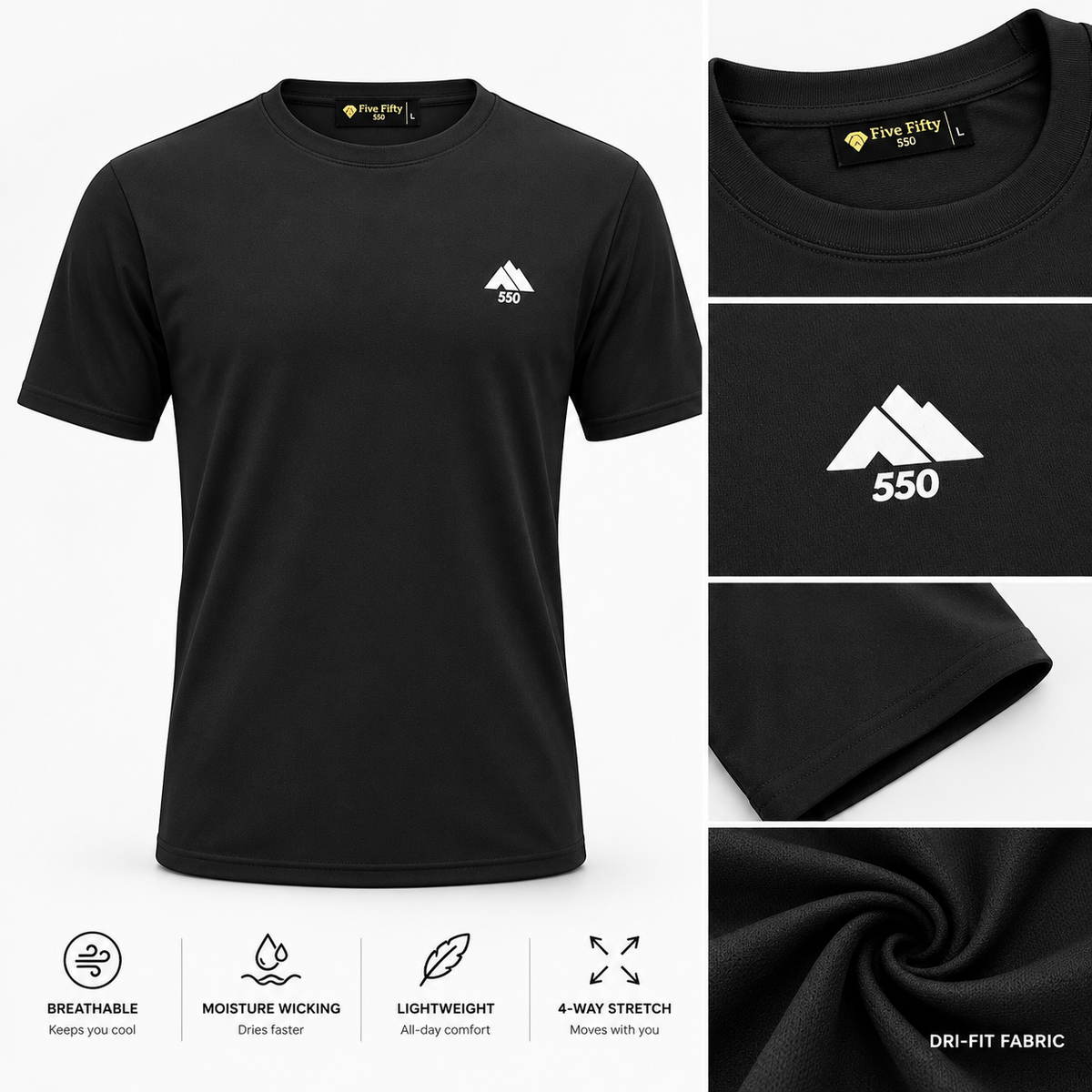 Men's Black Short Sleeve Dri-Fit Performance T-Shirt | Five Fifty