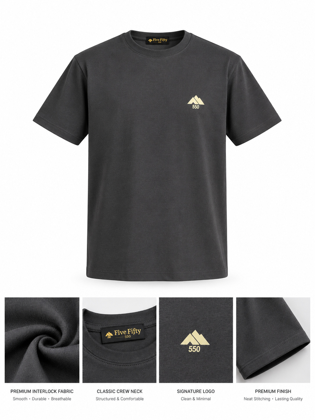 Men's Dark Grey Short Sleeve Crew Neck T-Shirt | Five Fifty 550