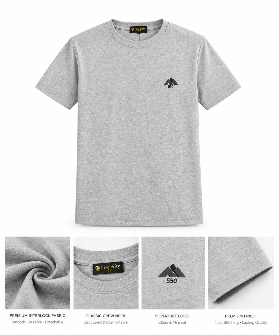 Grey Short Sleeve Crew Neck T-Shirt for Men | Five Fifty 550