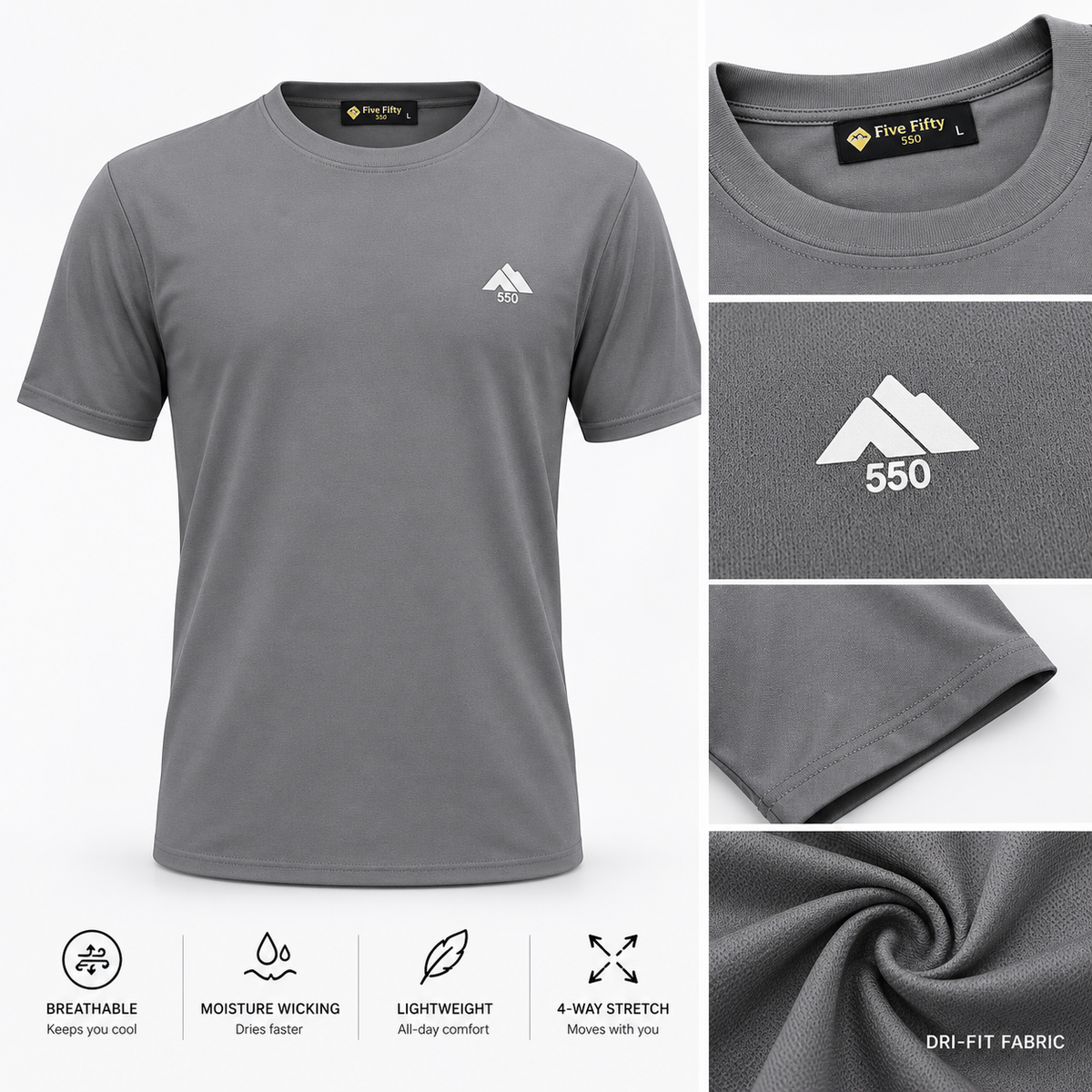 Men's Grey Short Sleeve Dri-Fit Performance T-Shirt | Five Fifty