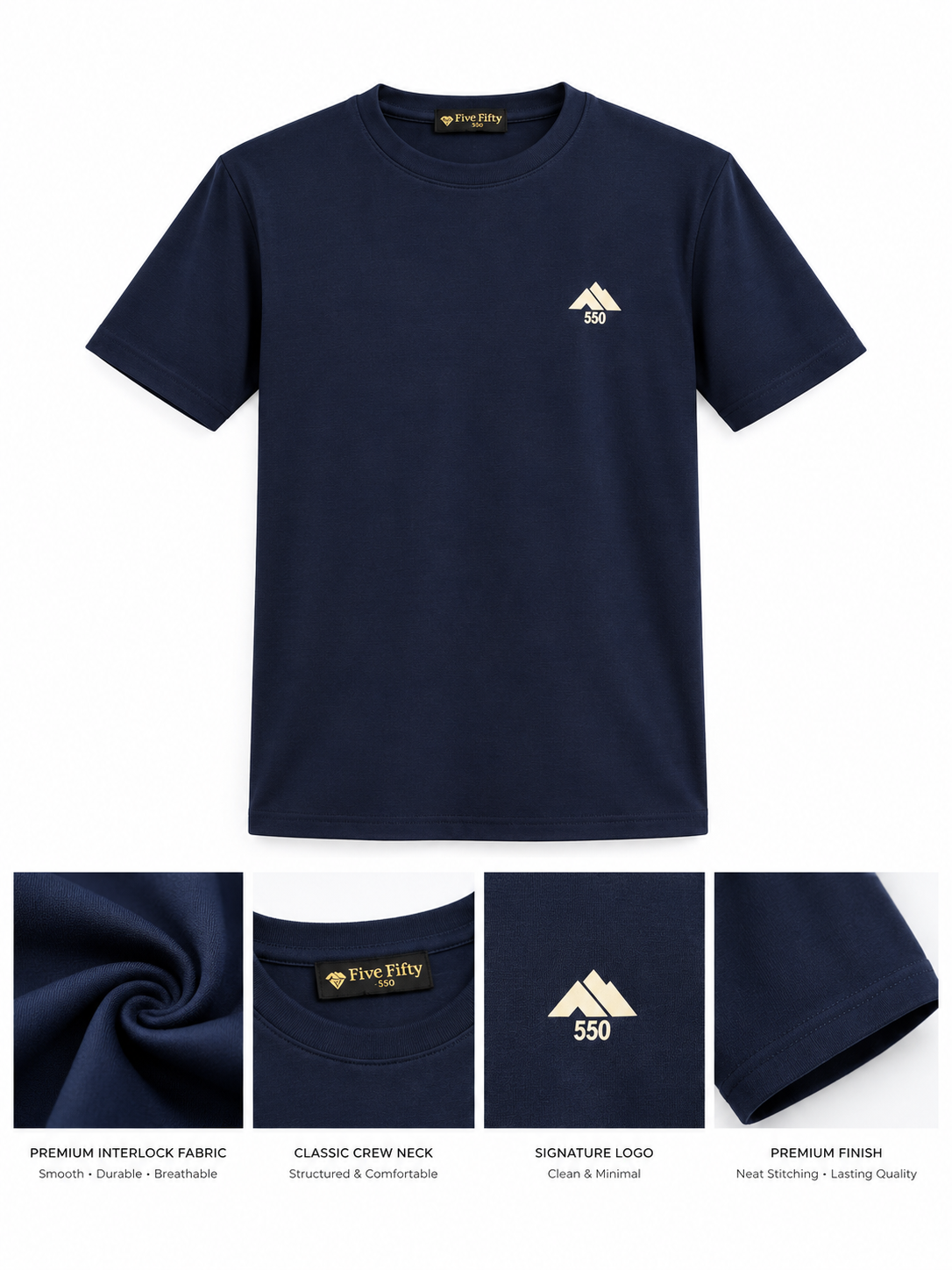 Men's Navy Blue Short Sleeve Crew Neck T-Shirt | Five Fifty 550