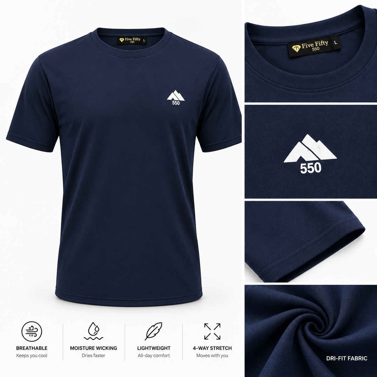 Men's Navy Short Sleeve Dri-Fit Performance T-Shirt | Five Fifty