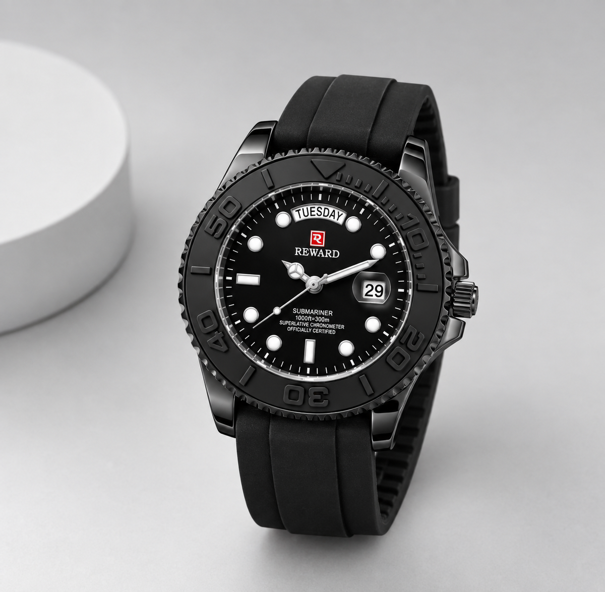Reward All Black Diver Quartz Watch – Silicone Strap Day-Date | Five Fifty