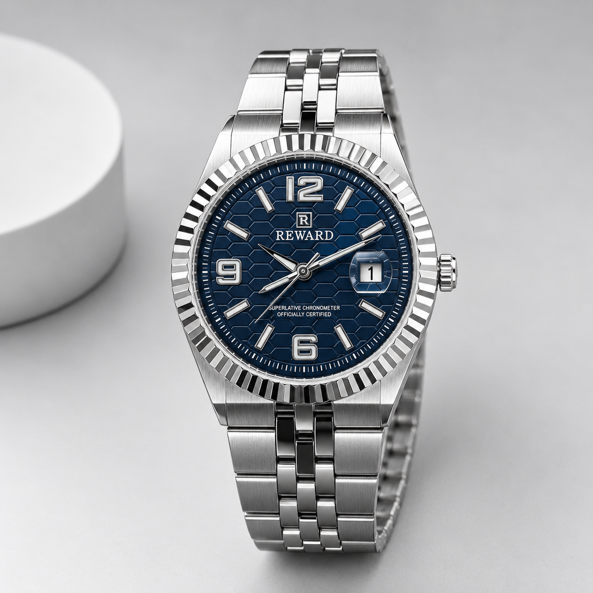 Reward Men’s Blue Dial Fluted Bezel Stainless Steel Jubilee Watch | Five Fifty