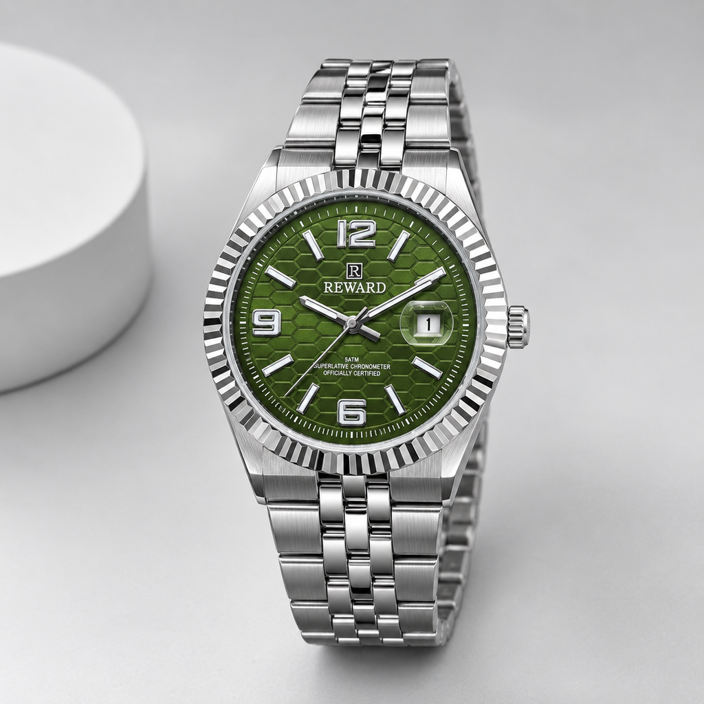 Reward Men’s Green Dial Fluted Bezel Stainless Steel Jubilee Watch | Five Fifty