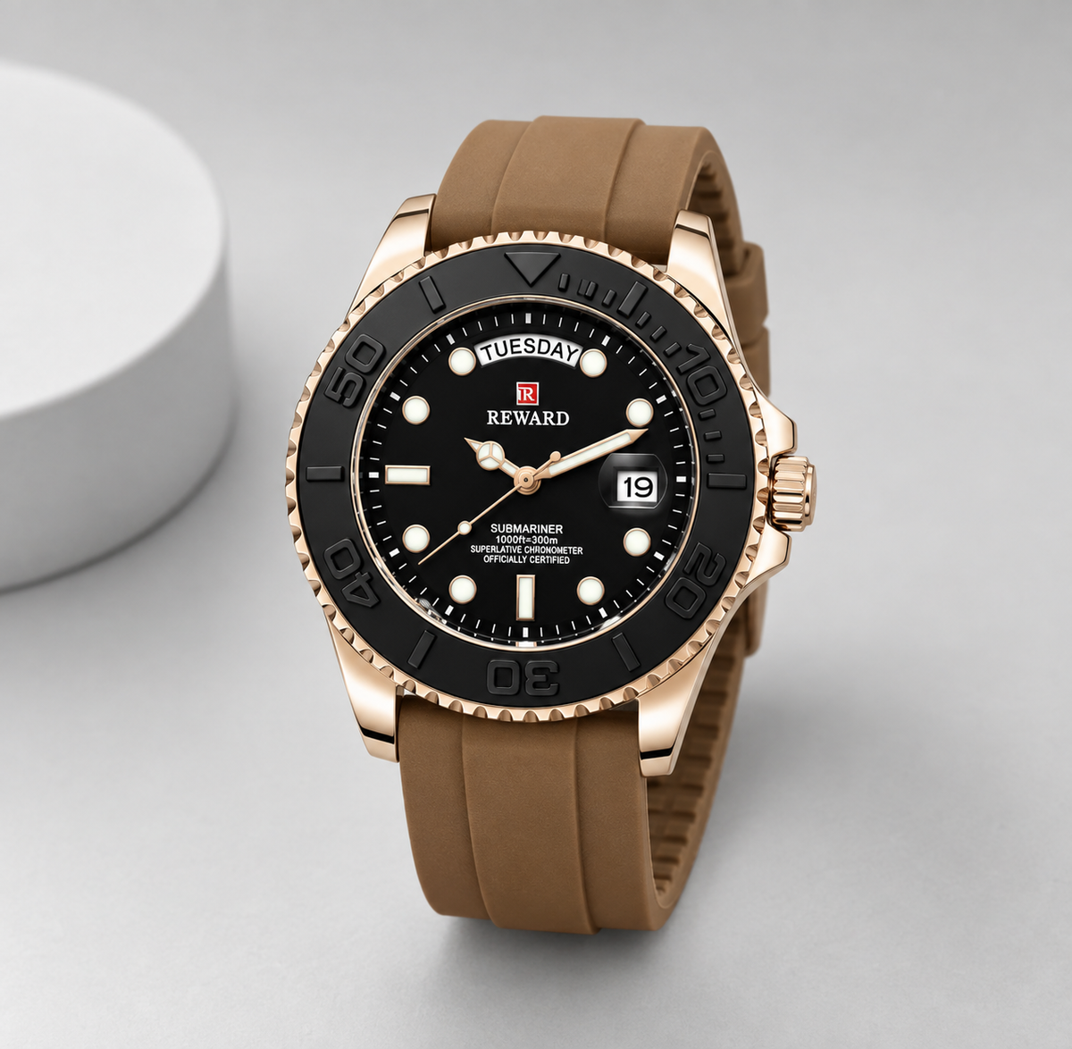 Reward Rose Gold & Brown Diver Quartz Watch – Silicone Strap Day-Date | Five Fifty