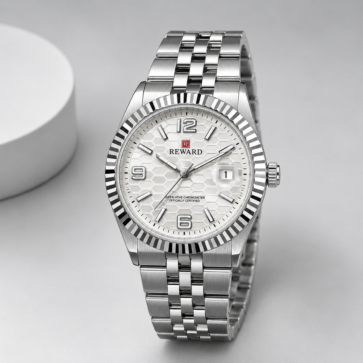 Reward Men’s Silver Dial Fluted Bezel Stainless Steel Jubilee Watch | Five Fifty