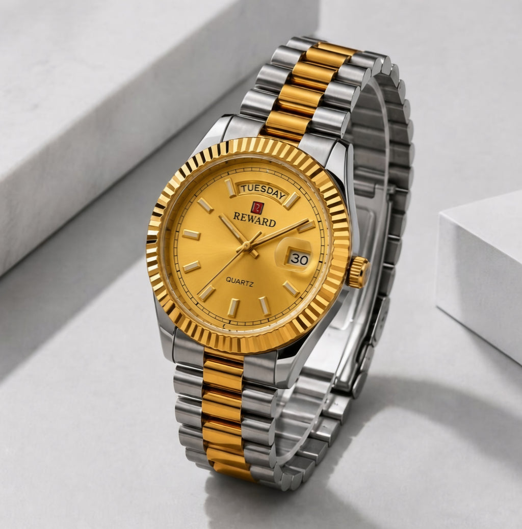 Reward Prestige Two-Tone Gold and Silver Day-Date Men’s Quartz Watch (Gold Dial)
