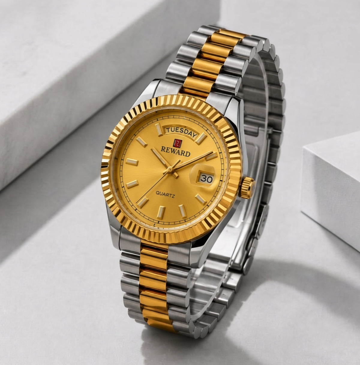 Reward Prestige Two-Tone Gold and Silver Day-Date Men’s Quartz Watch (Gold Dial)