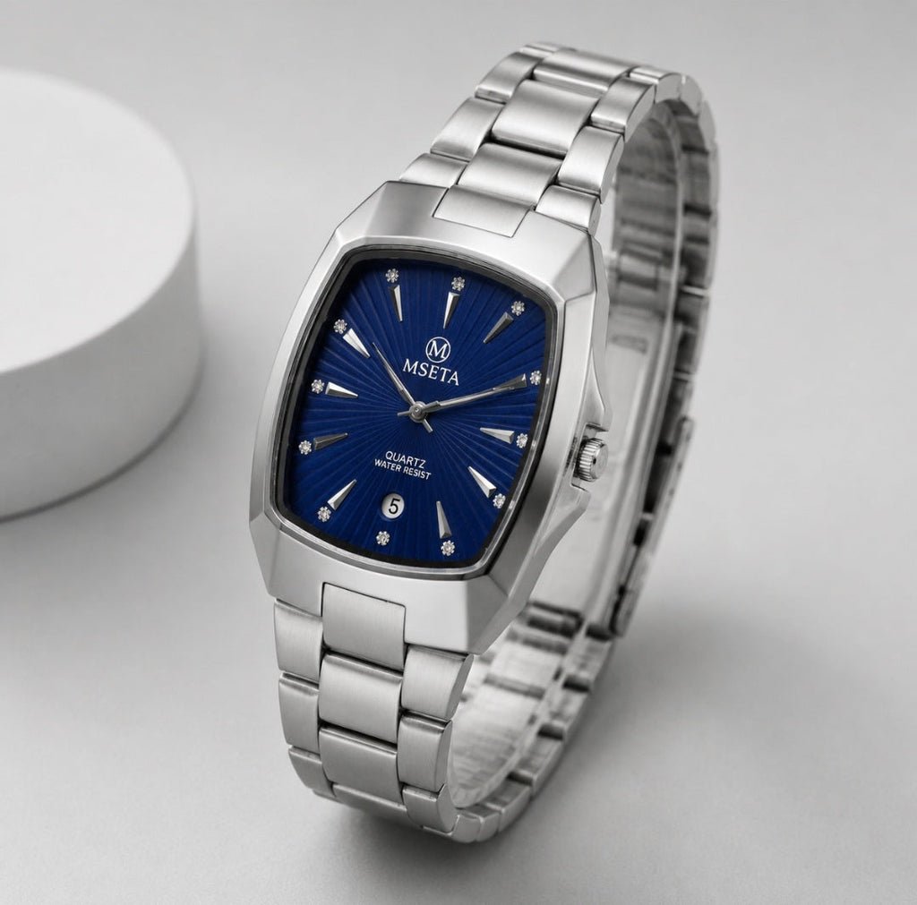 MSETA Timeless Elegance Cushion-Case Crystal Dial Men’s Quartz Watch (Blue sunburst dial).