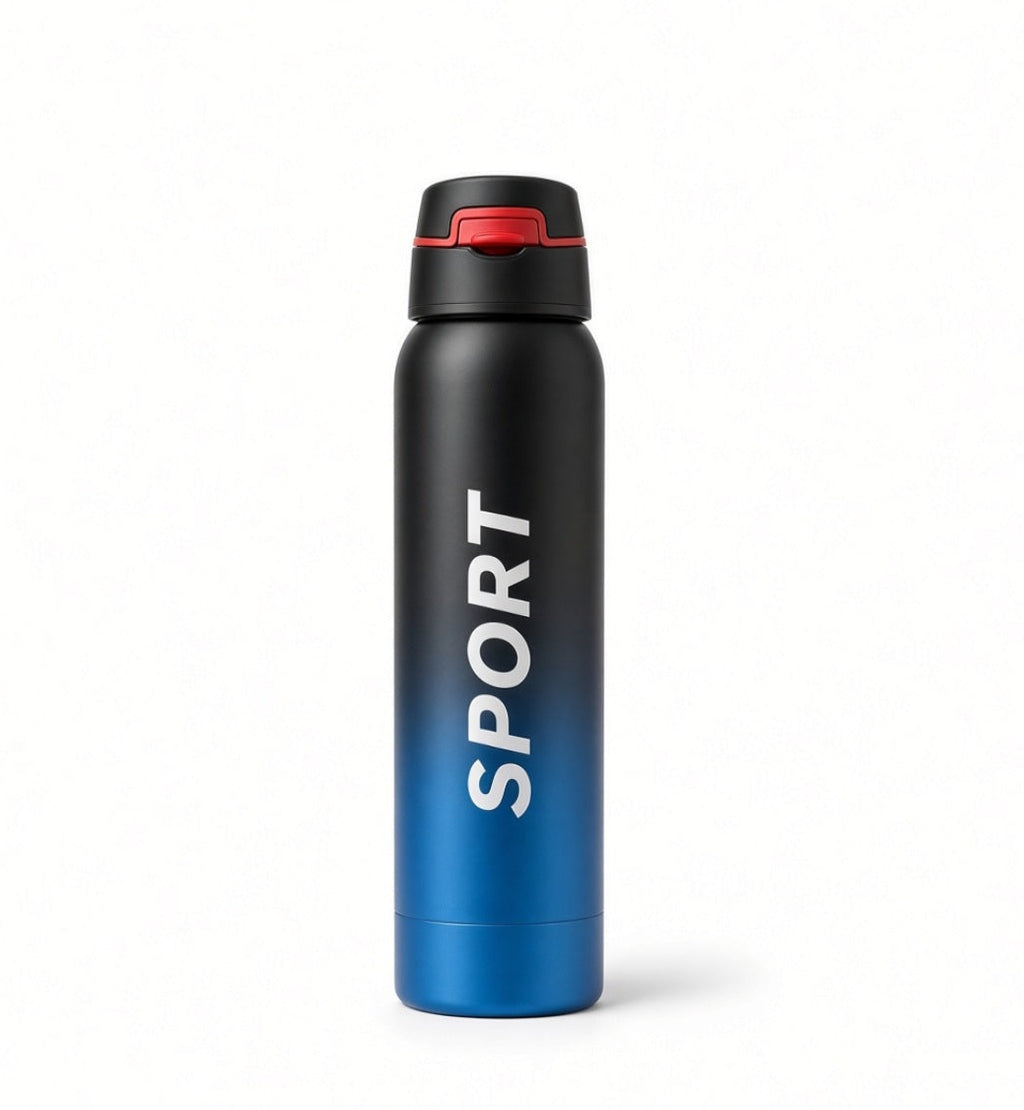 Stainless Steel Double Wall Vacuum Flask 500ml | Insulated Sports Water Bottle with Straw - (Black & Blue)