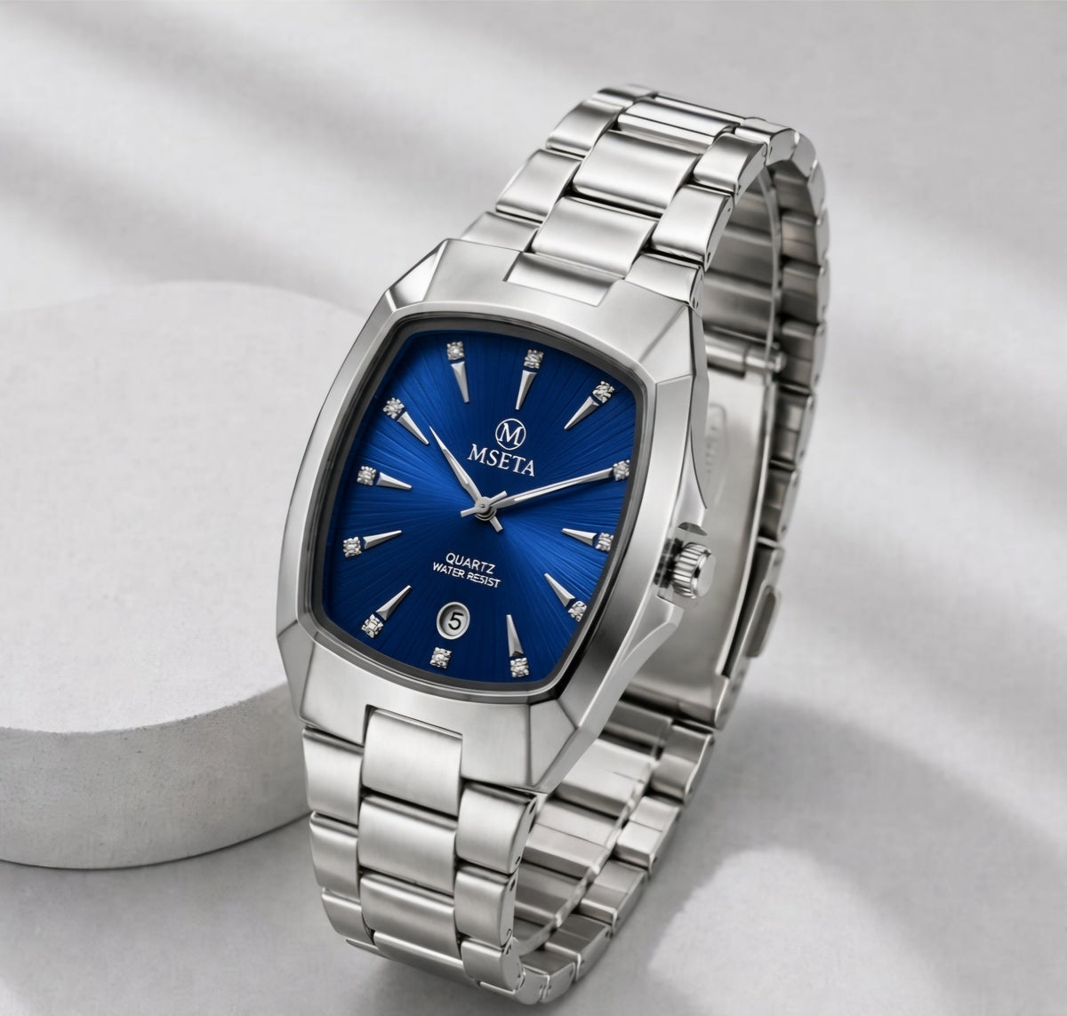 MSETA Timeless Elegance Cushion-Case Crystal Dial Men’s Quartz Watch (Blue sunburst dial).