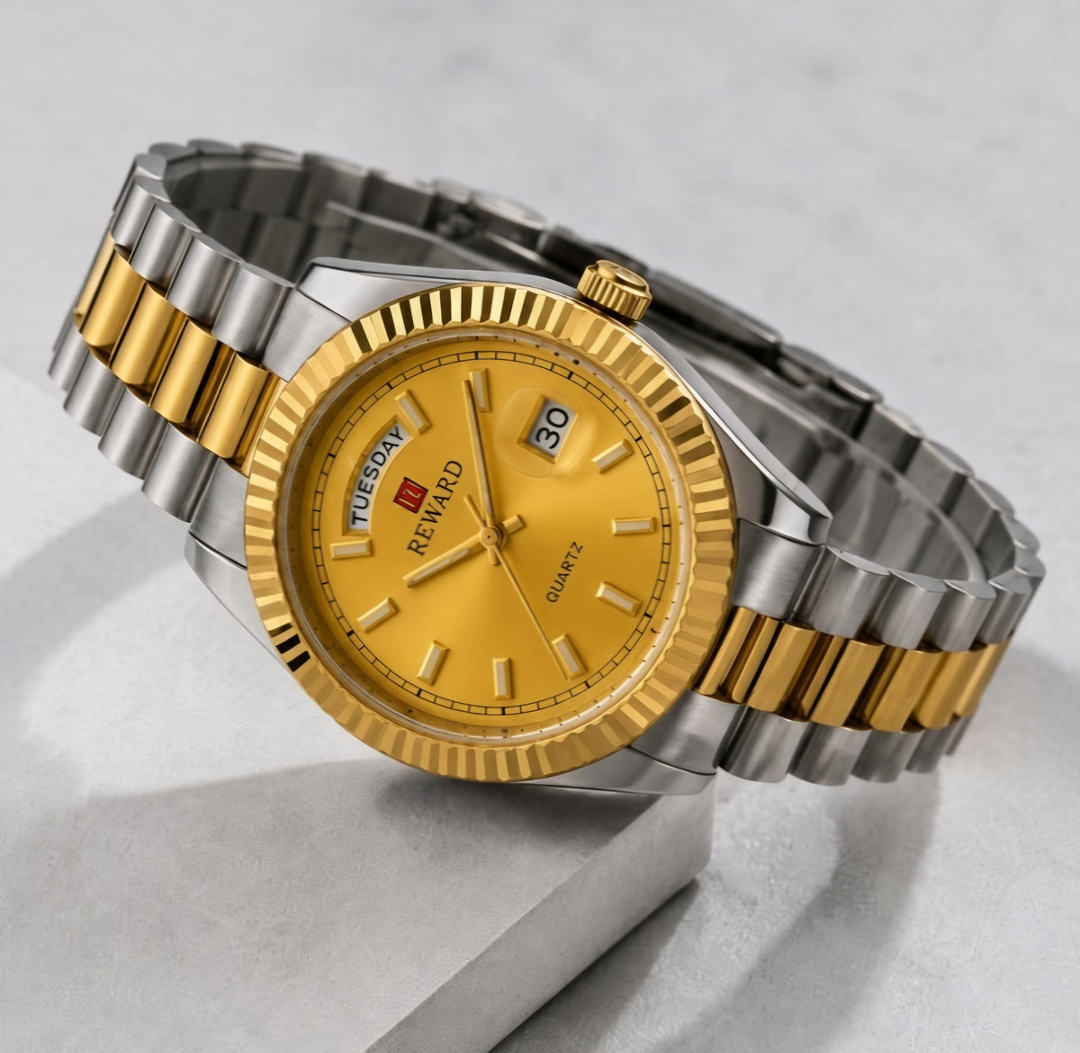 Reward Prestige Two-Tone Gold and Silver Day-Date Men’s Quartz Watch (Gold Dial)